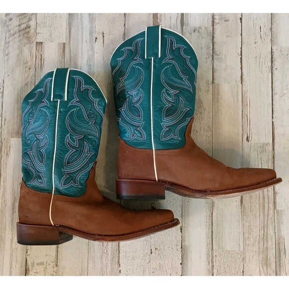 Vtg. Nocona Womens Size 8.5B Cowboy Boots Square Toe Teal/Brown Leather Western - Picture 10 of 16